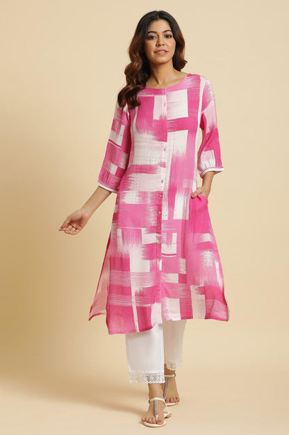 W for Woman Pink & White Abstract Print Kurta