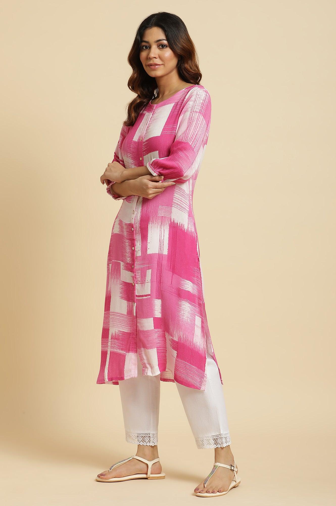 W for Woman Pink & White Abstract Print Kurta