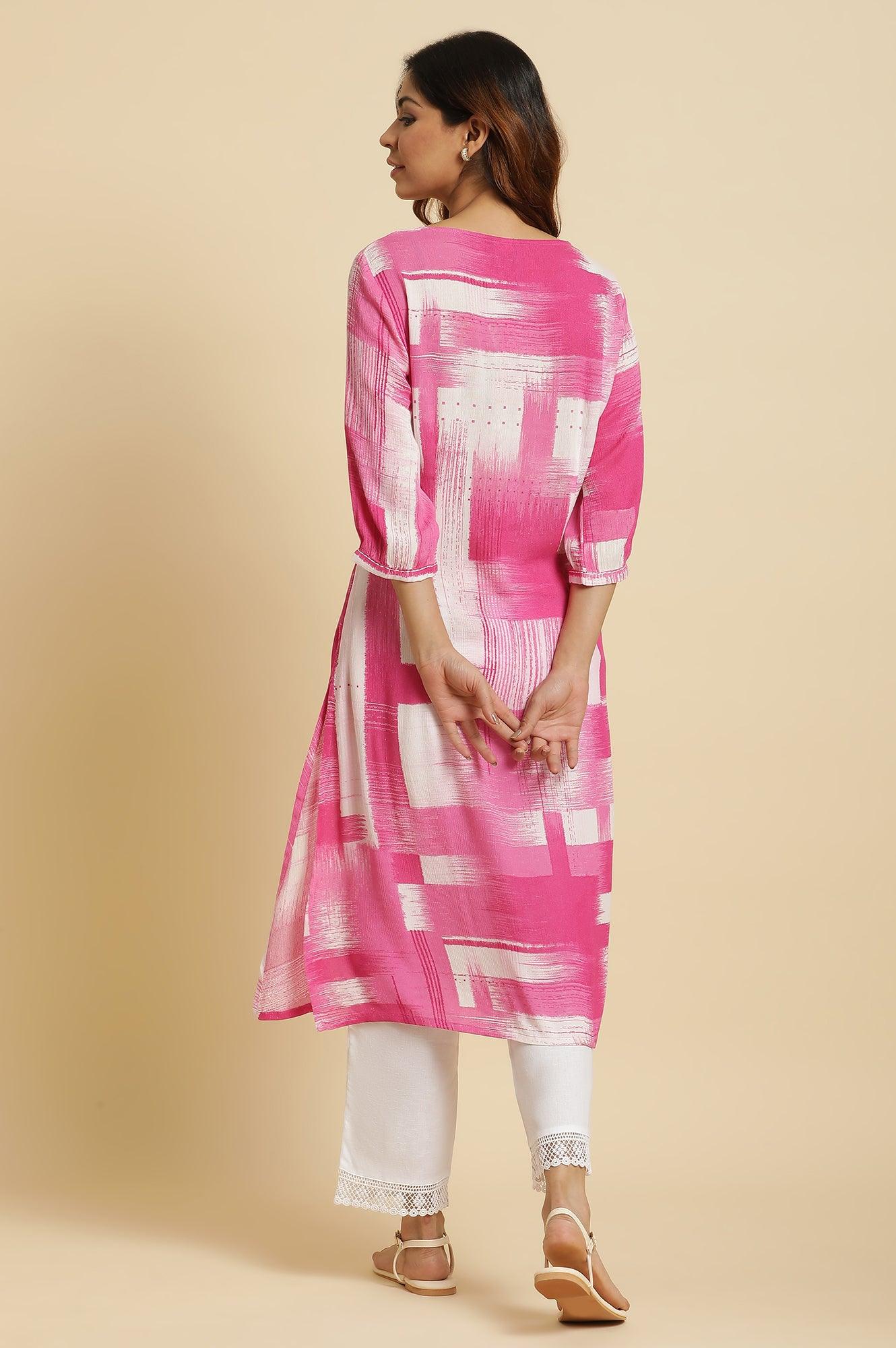 W for Woman Pink & White Abstract Print Kurta