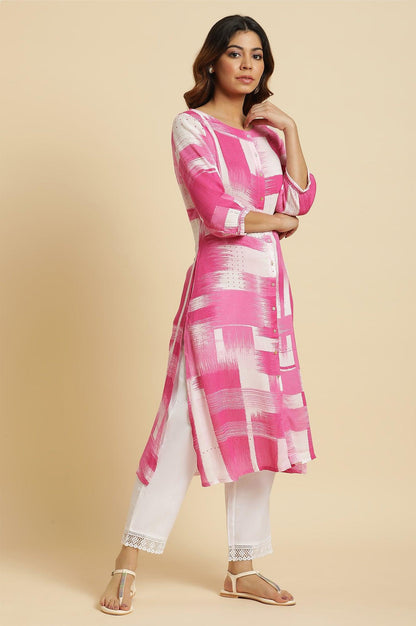 W for Woman Pink & White Abstract Print Kurta