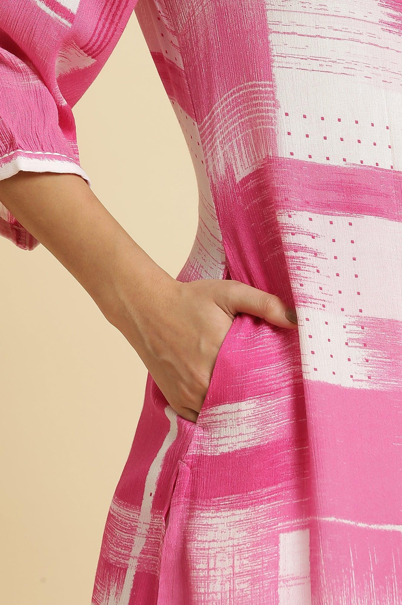 W for Woman Pink & White Abstract Print Kurta