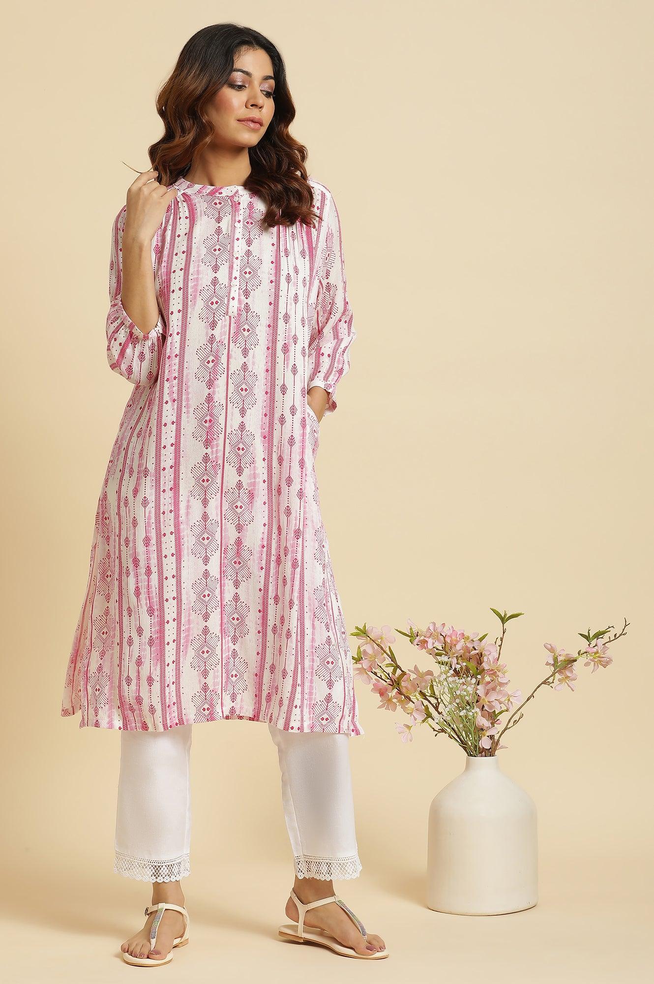 W for Woman White and Pink Abstract Printed Mandarin Collar Straight Kurta