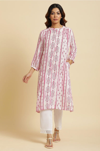 W for Woman White and Pink Abstract Printed Mandarin Collar Straight Kurta
