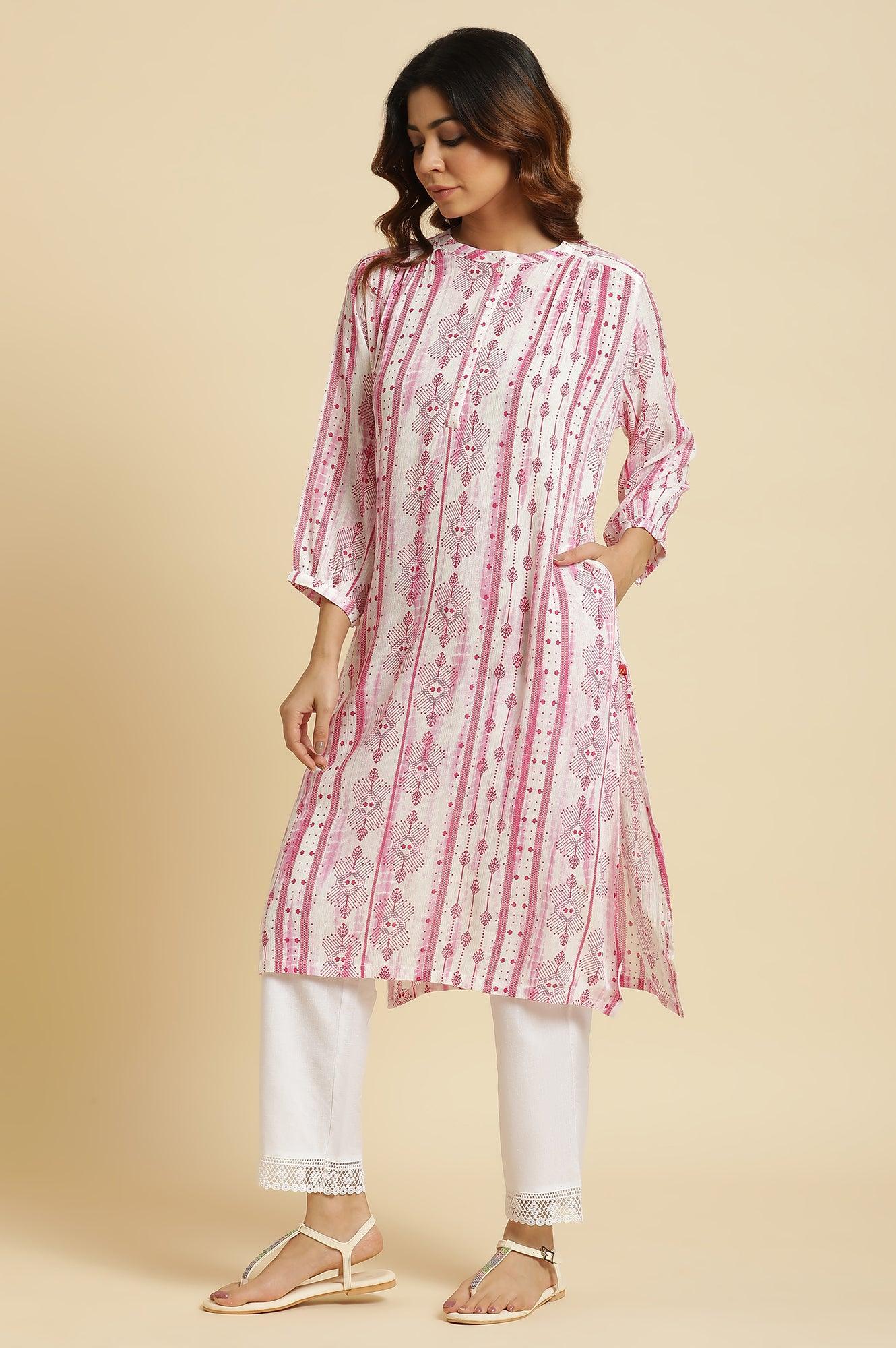 W for Woman White and Pink Abstract Printed Mandarin Collar Straight Kurta