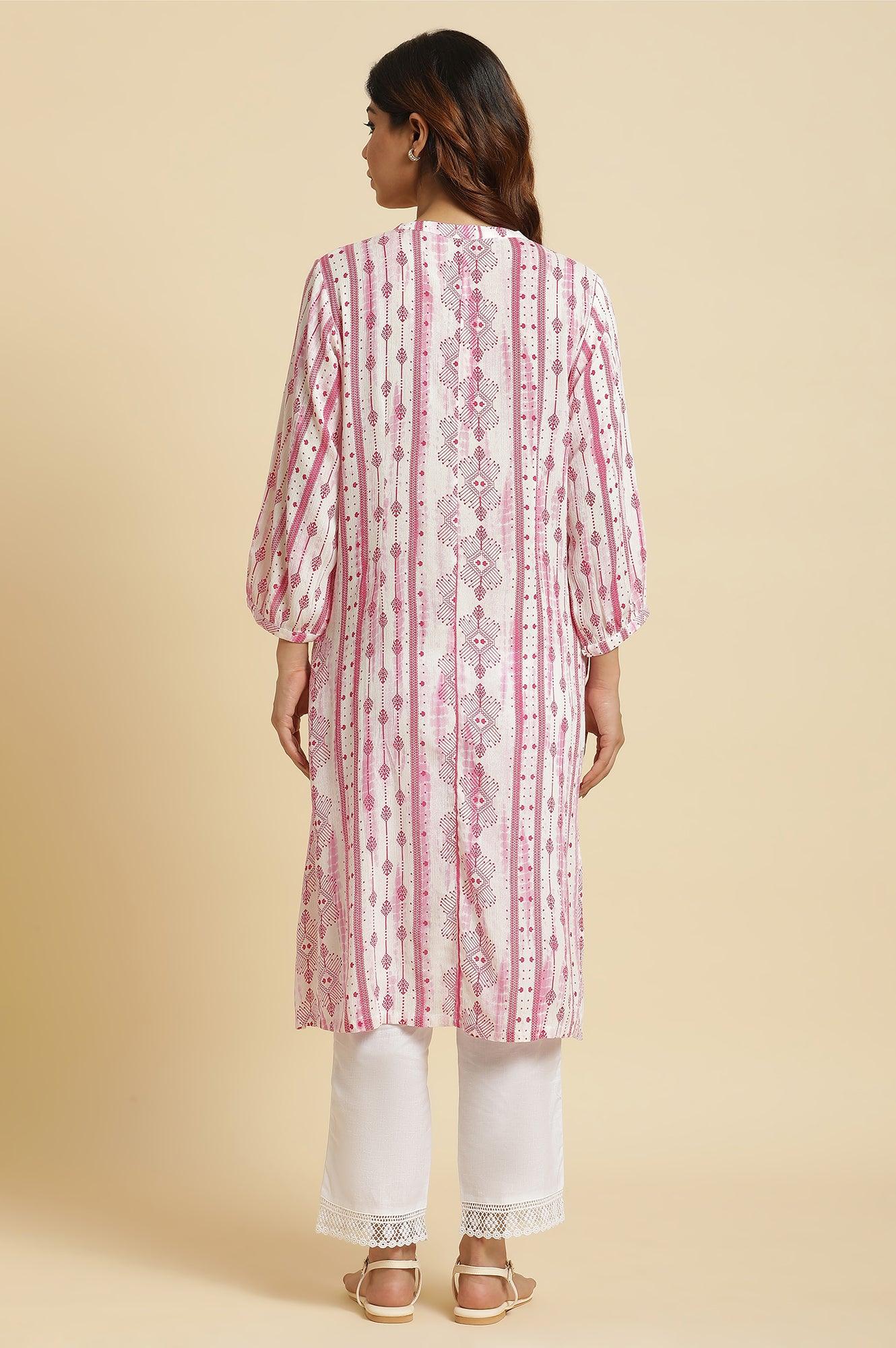 W for Woman White and Pink Abstract Printed Mandarin Collar Straight Kurta