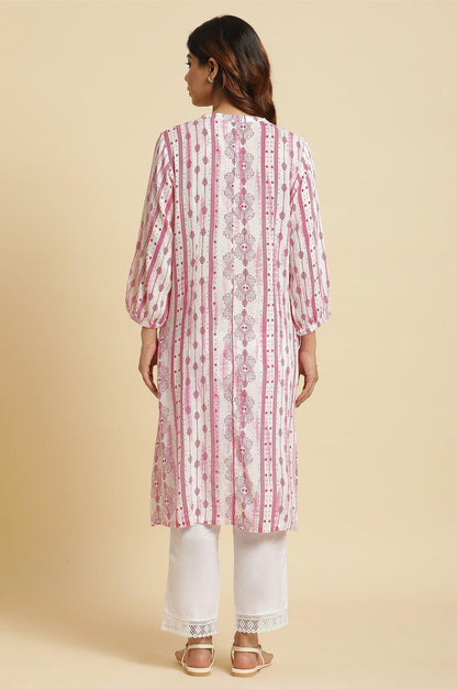 W for Woman White and Pink Abstract Printed Mandarin Collar Straight Kurta