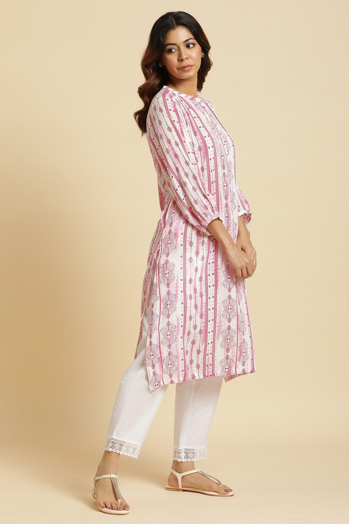 W for Woman White and Pink Abstract Printed Mandarin Collar Straight Kurta