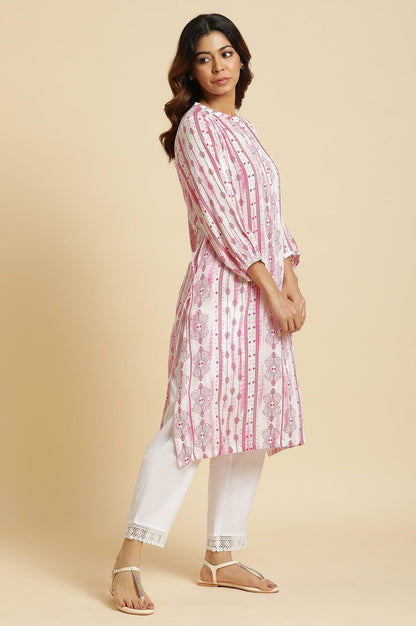 W for Woman White and Pink Abstract Printed Mandarin Collar Straight Kurta
