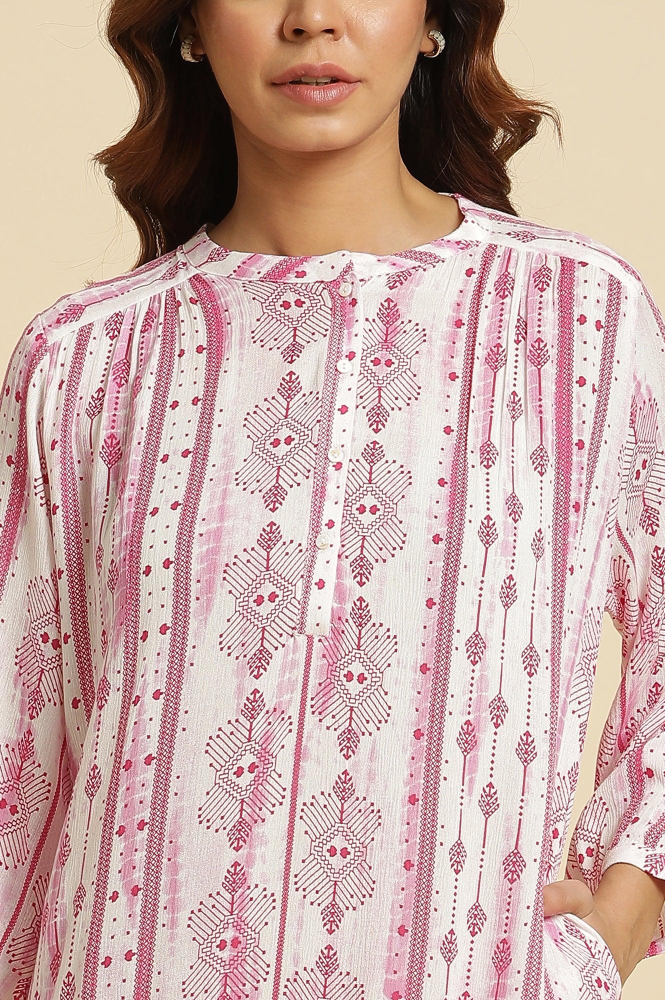 W for Woman White and Pink Abstract Printed Mandarin Collar Straight Kurta