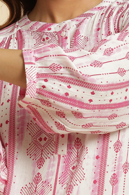 W for Woman White and Pink Abstract Printed Mandarin Collar Straight Kurta