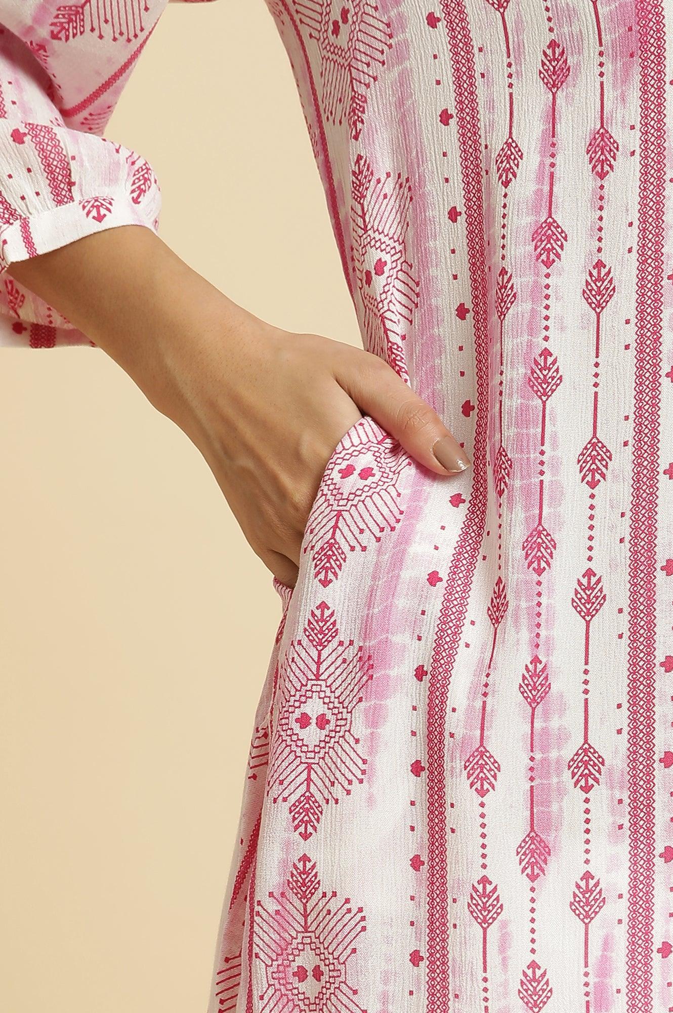 W for Woman White and Pink Abstract Printed Mandarin Collar Straight Kurta