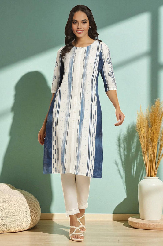W for Woman White & Blue Kantha Printed Kurta