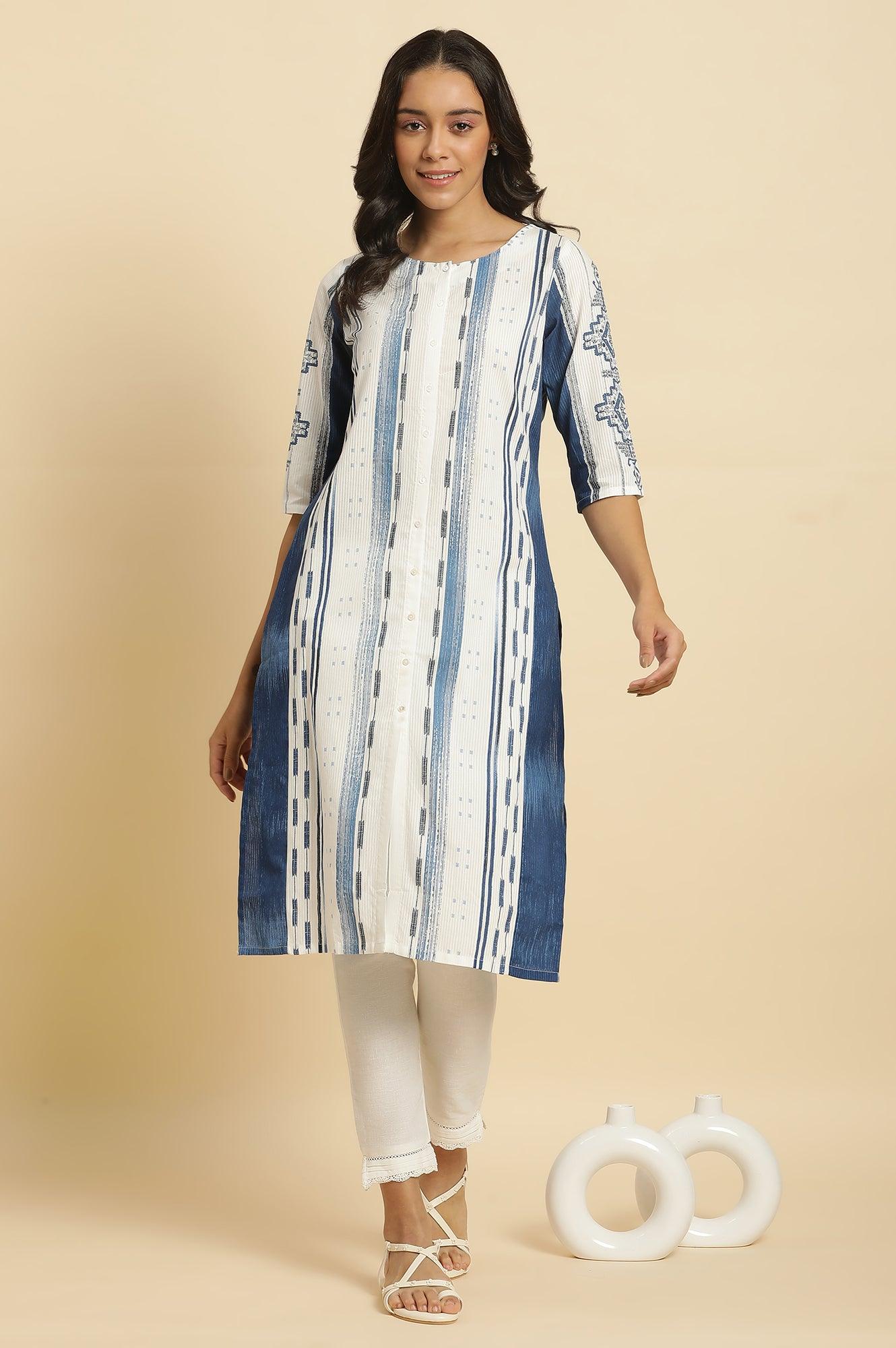 W for Woman White & Blue Kantha Printed Kurta