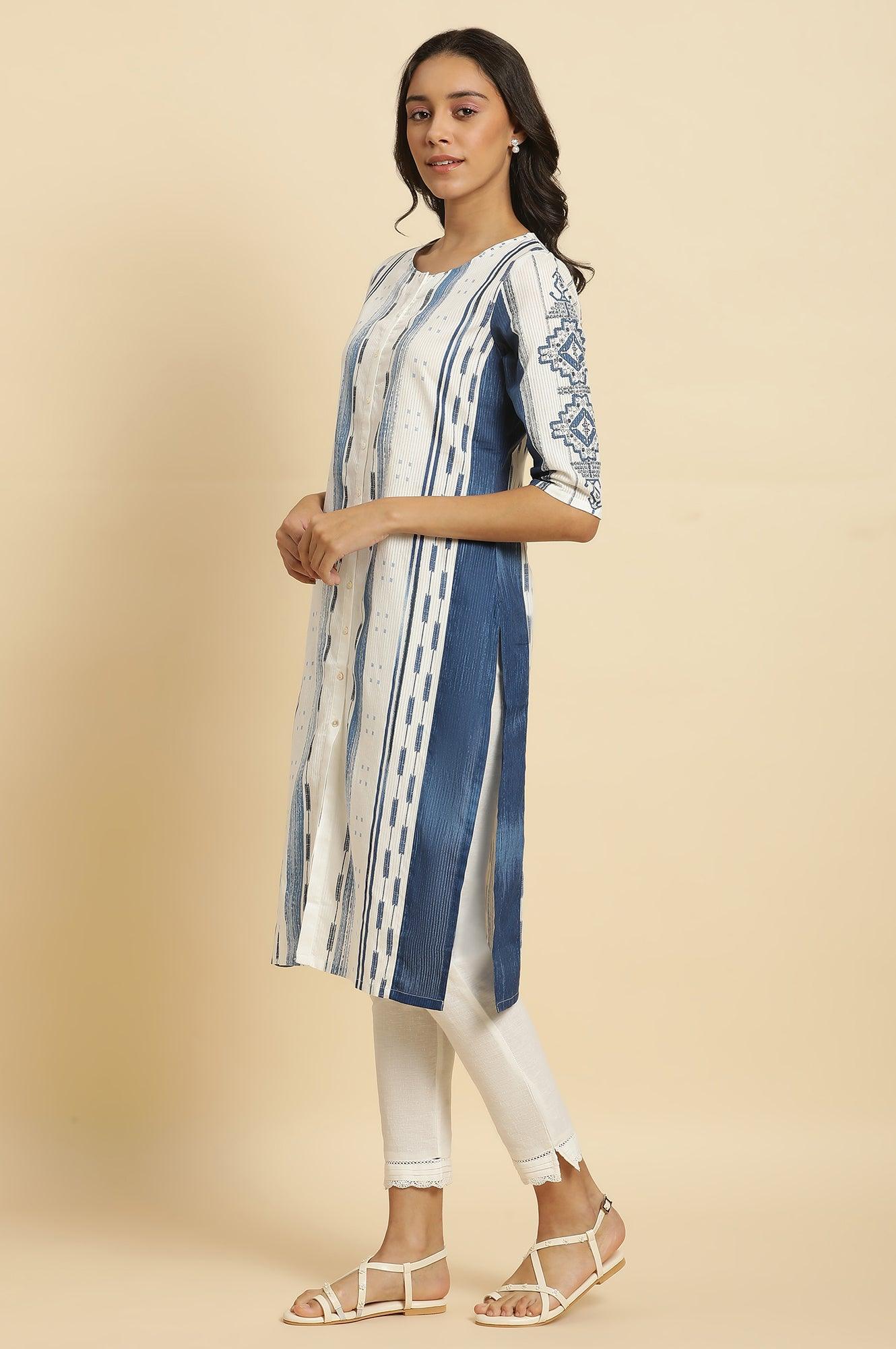 W for Woman White & Blue Kantha Printed Kurta