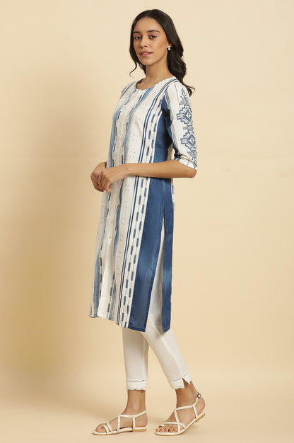 W for Woman White & Blue Kantha Printed Kurta