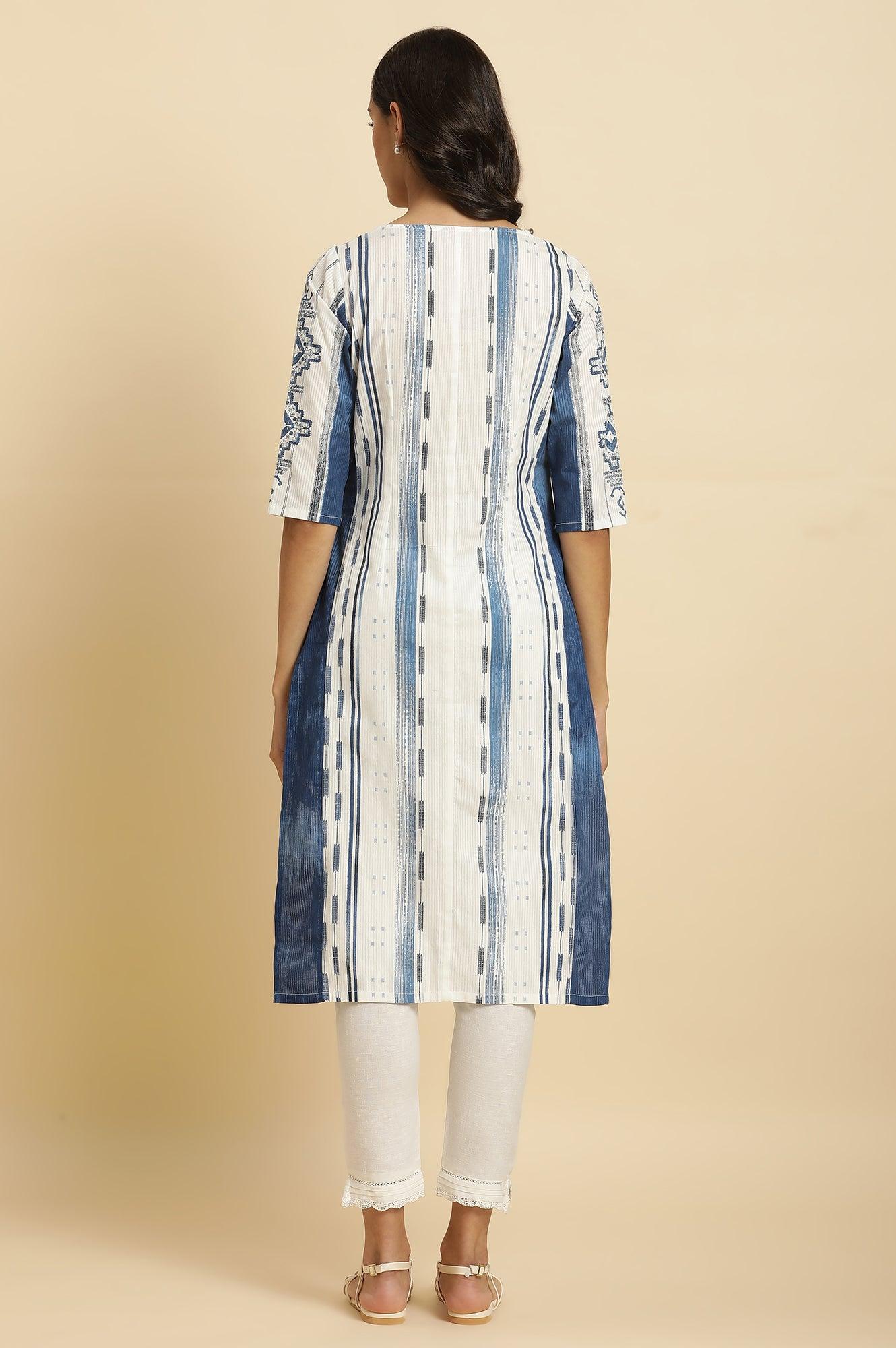 W for Woman White & Blue Kantha Printed Kurta