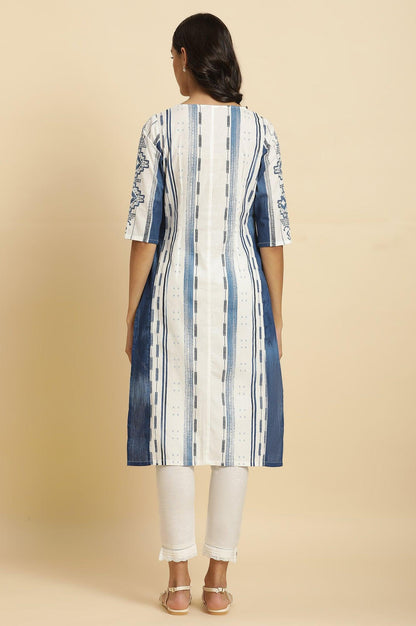 W for Woman White & Blue Kantha Printed Kurta