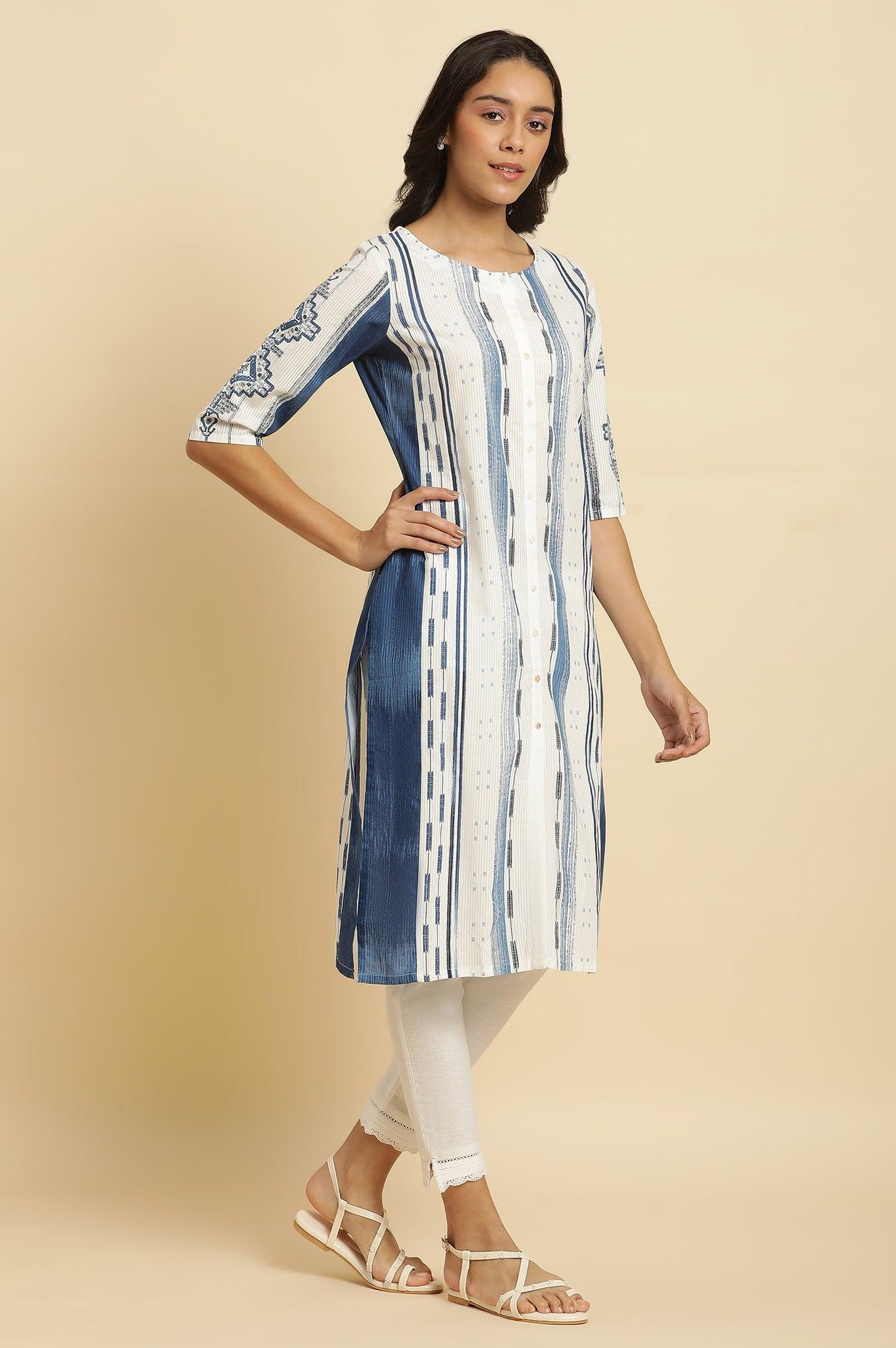 W for Woman White & Blue Kantha Printed Kurta