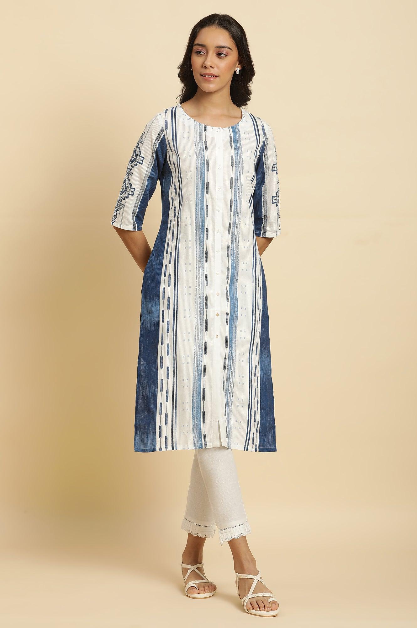 W for Woman White & Blue Kantha Printed Kurta