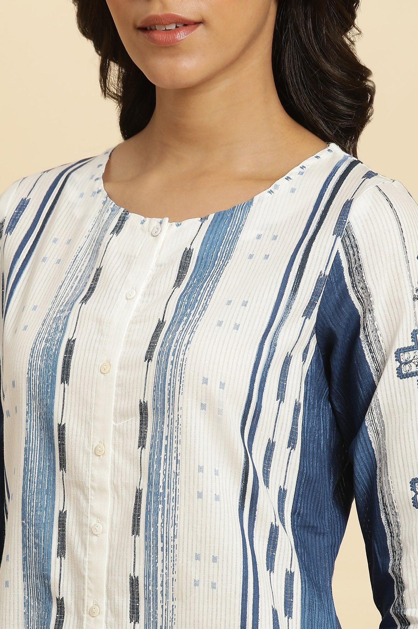 W for Woman White & Blue Kantha Printed Kurta