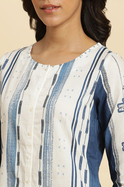 W for Woman White & Blue Kantha Printed Kurta