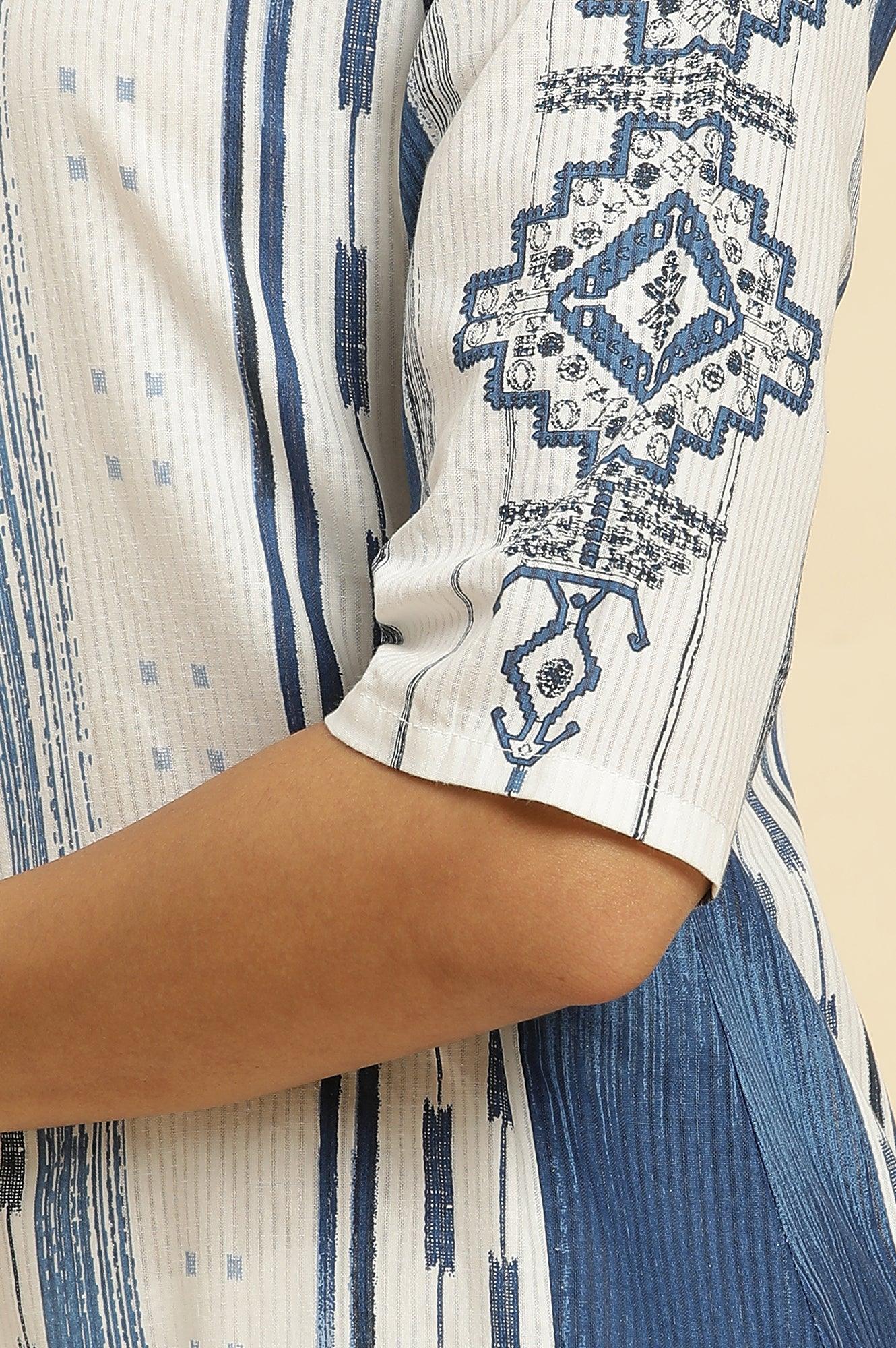 W for Woman White & Blue Kantha Printed Kurta