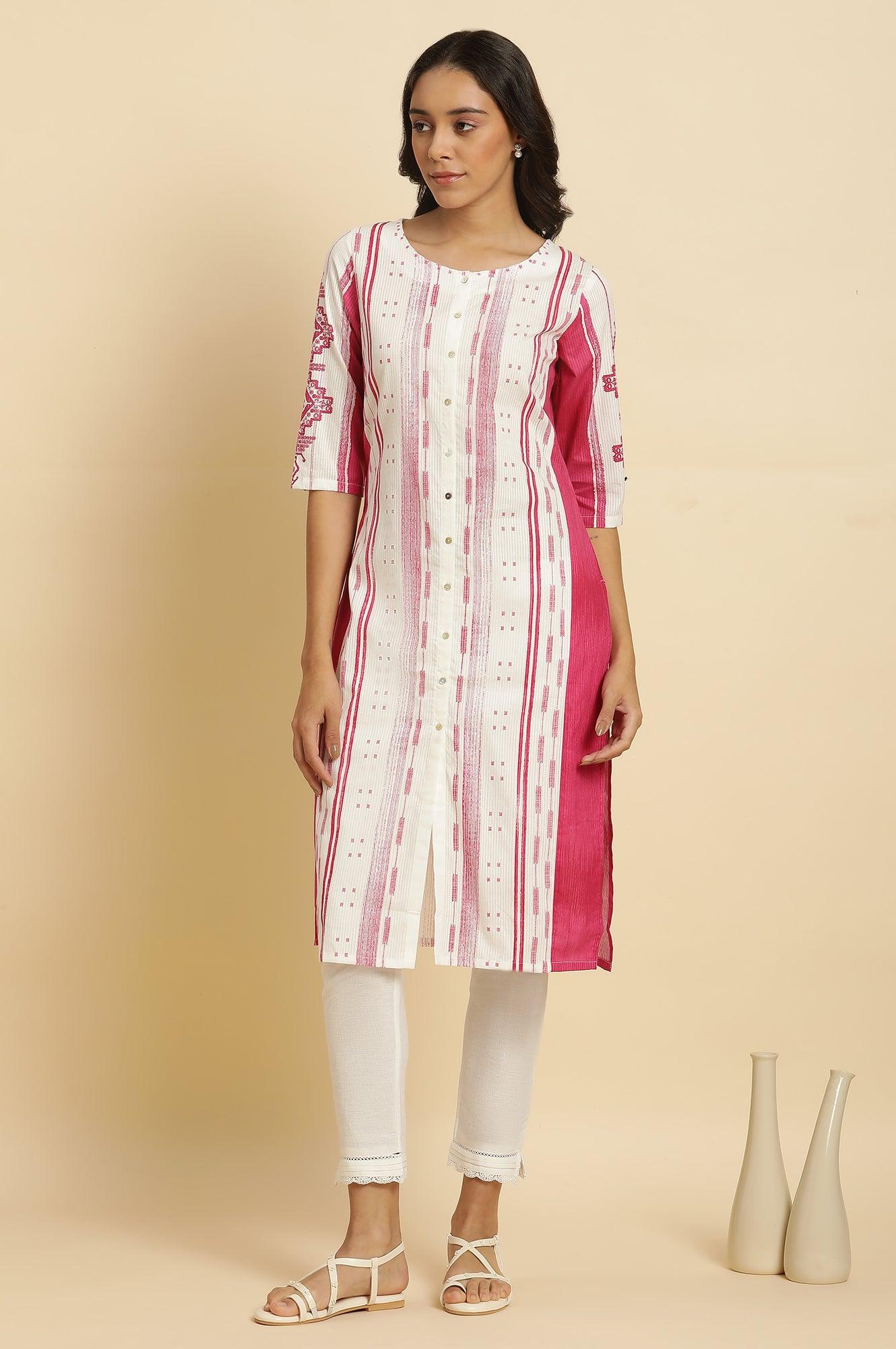 W for Woman Pink & White Kantha Printed Kurta