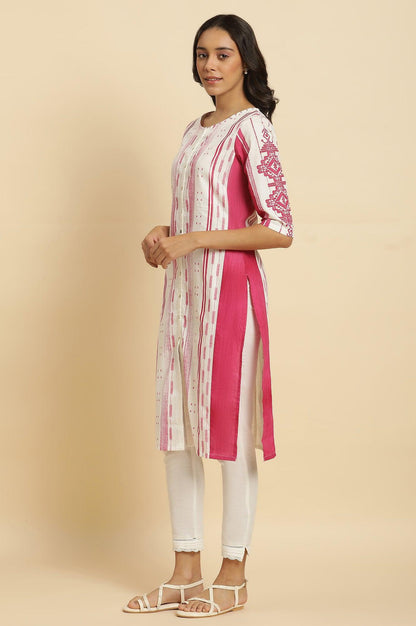 W for Woman Pink & White Kantha Printed Kurta