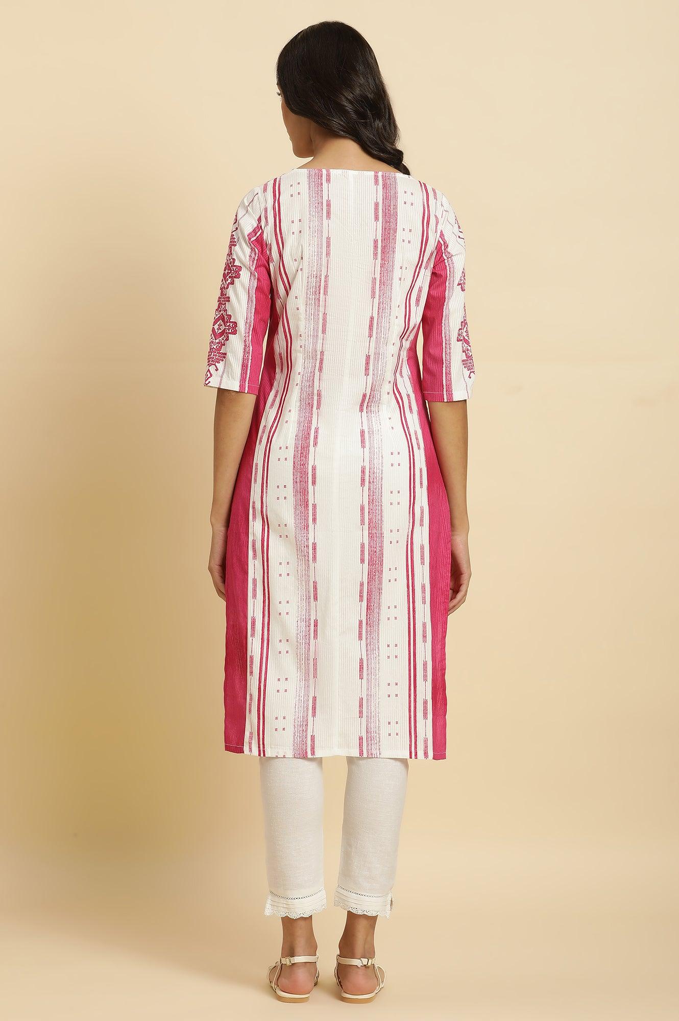 W for Woman Pink & White Kantha Printed Kurta