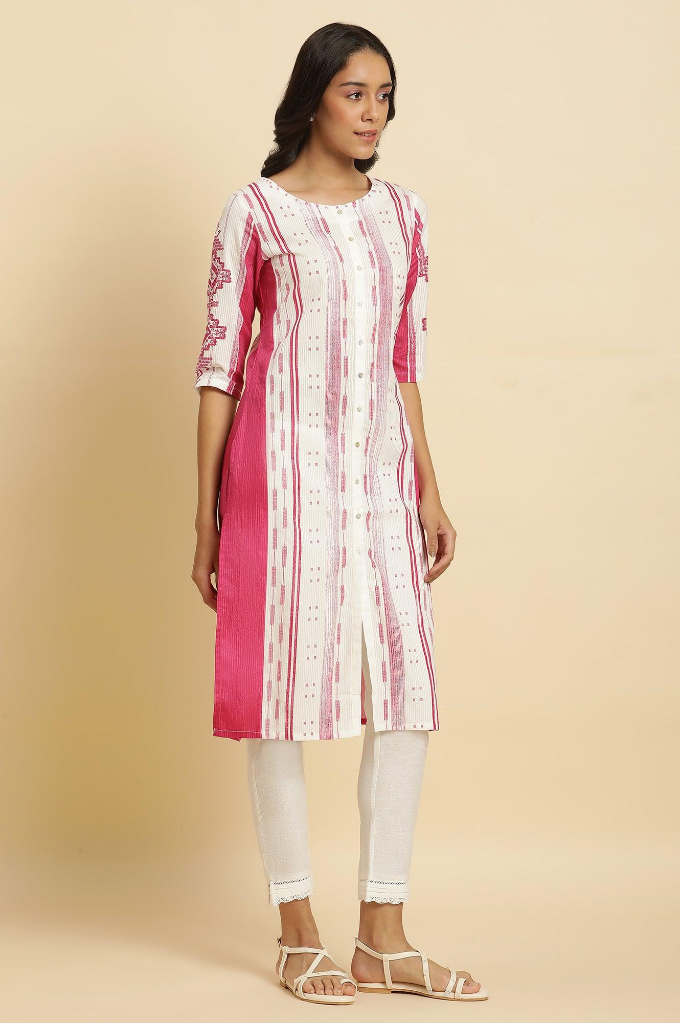 W for Woman Pink & White Kantha Printed Kurta