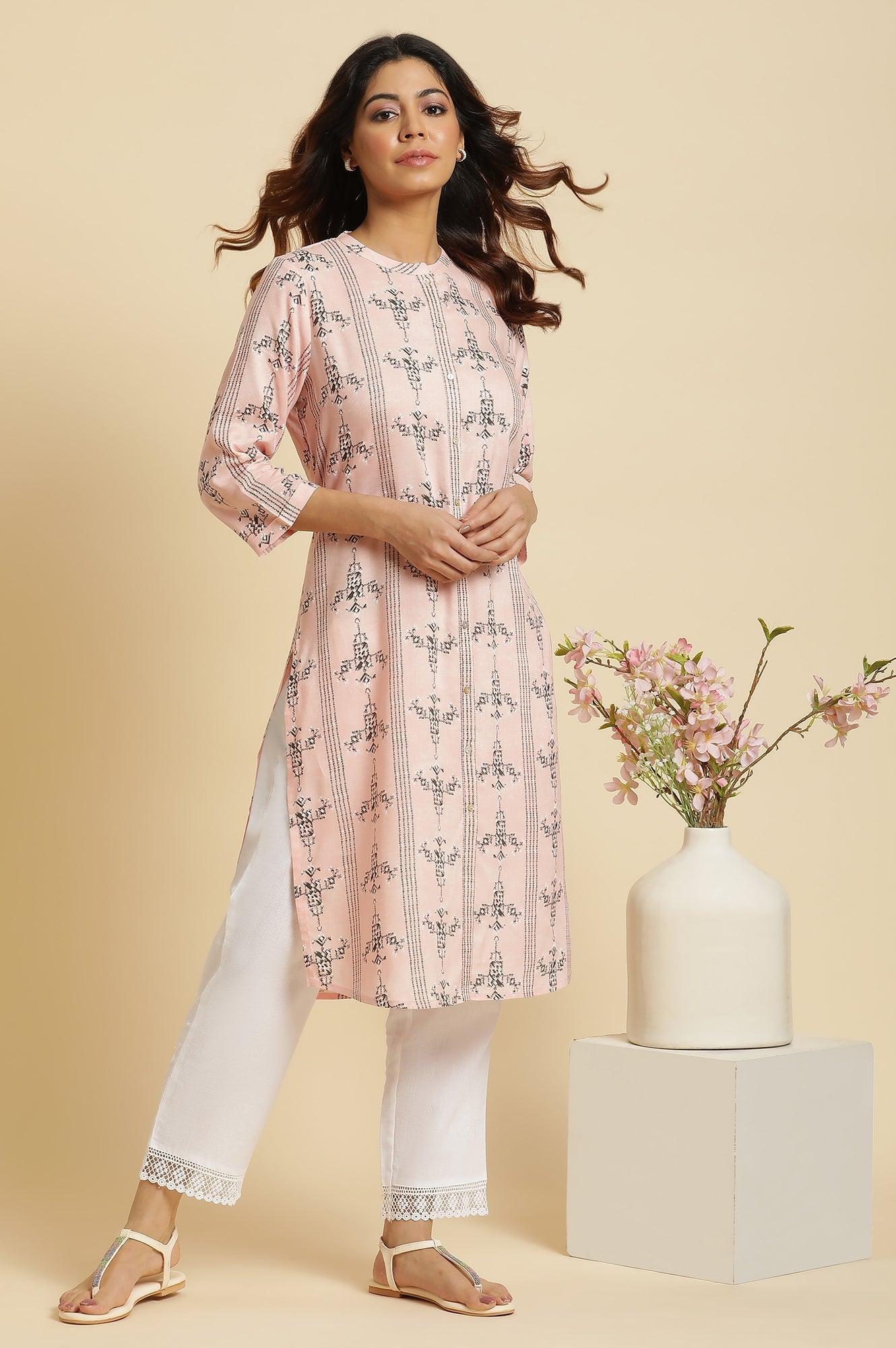 W for Woman Pink Geometric Print Shirt Kurta