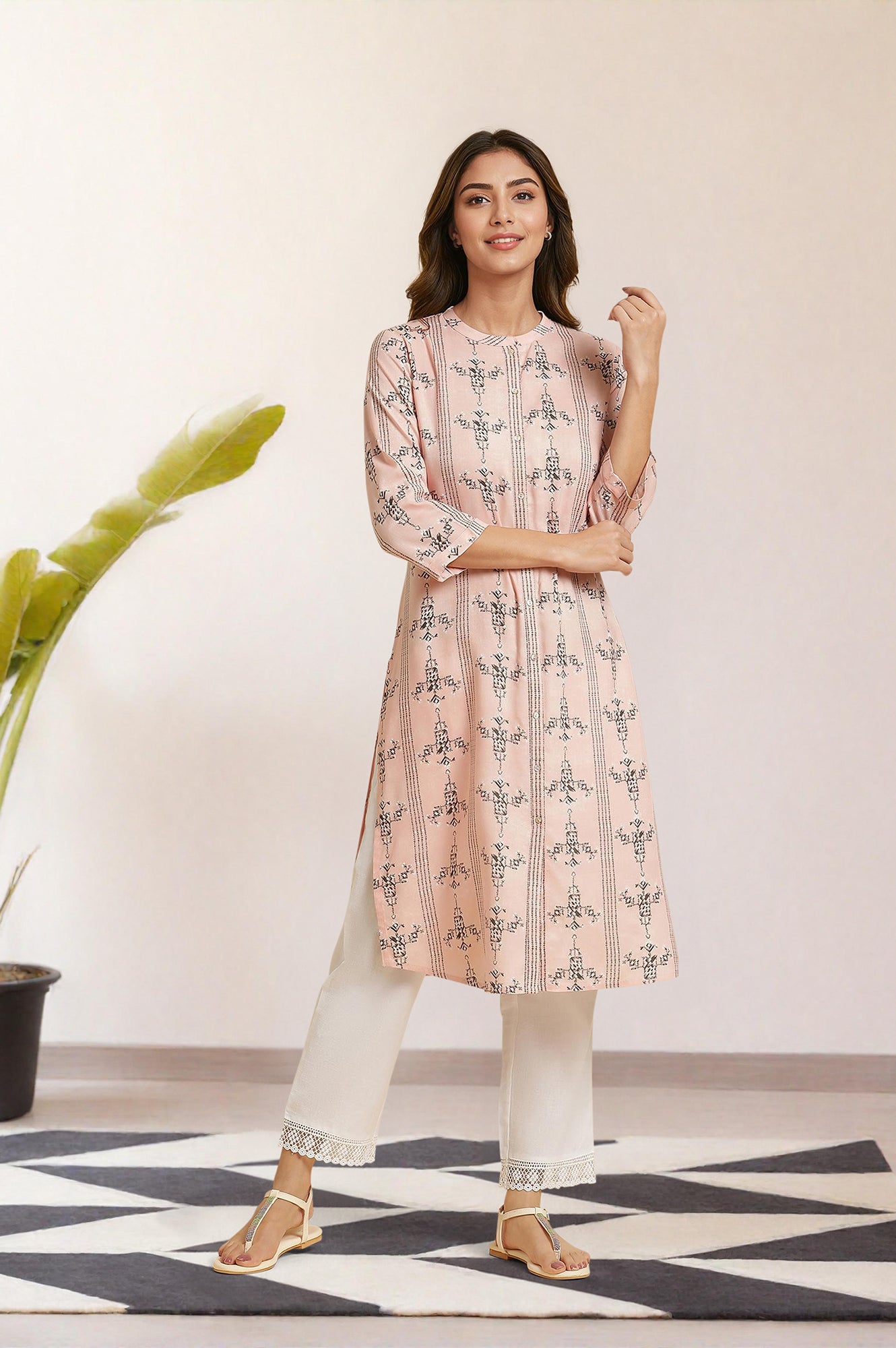 W for Woman Pink Geometric Printed Rayon Shirt Kurta