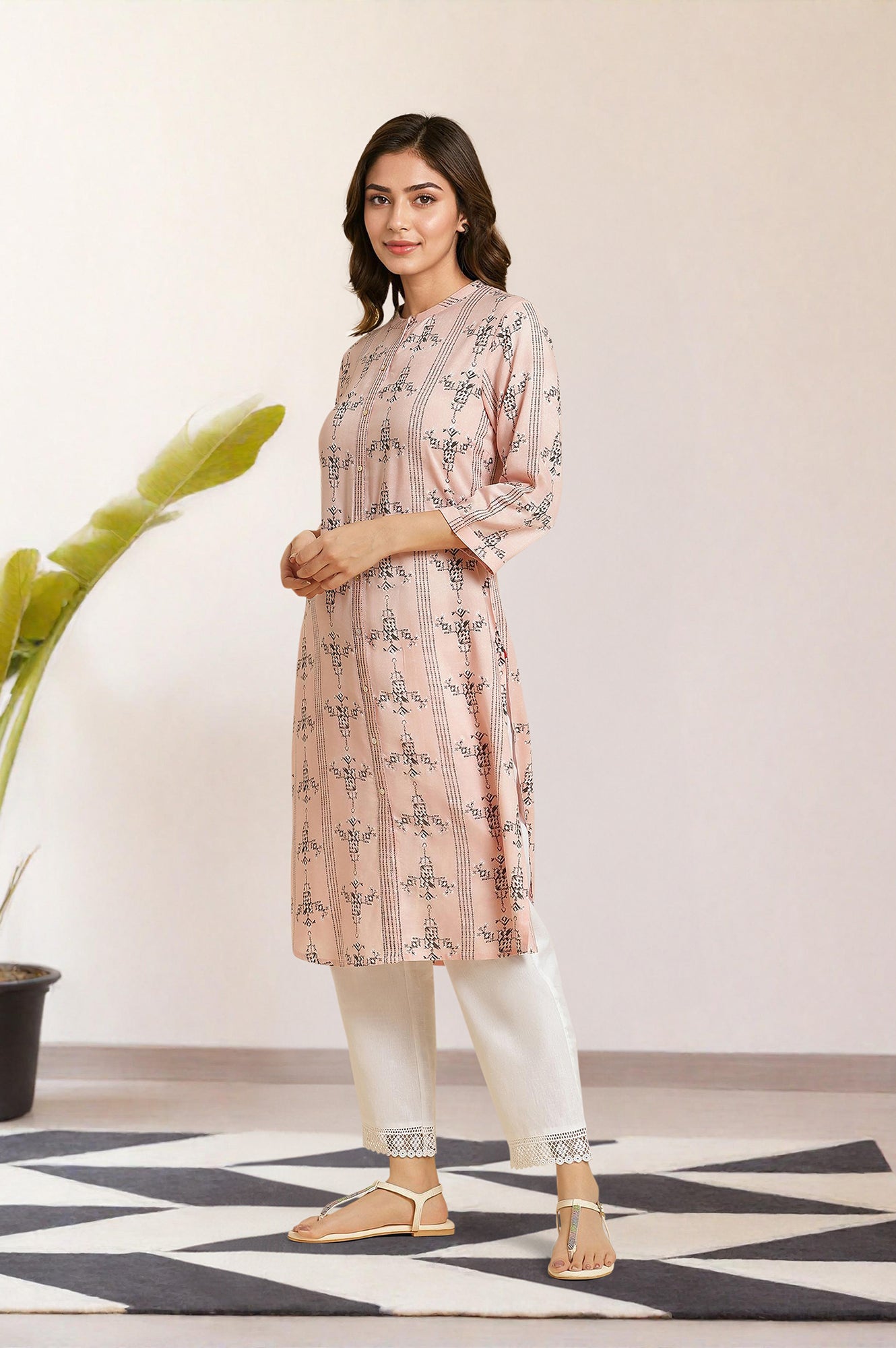 W for Woman Pink Geometric Printed Rayon Shirt Kurta