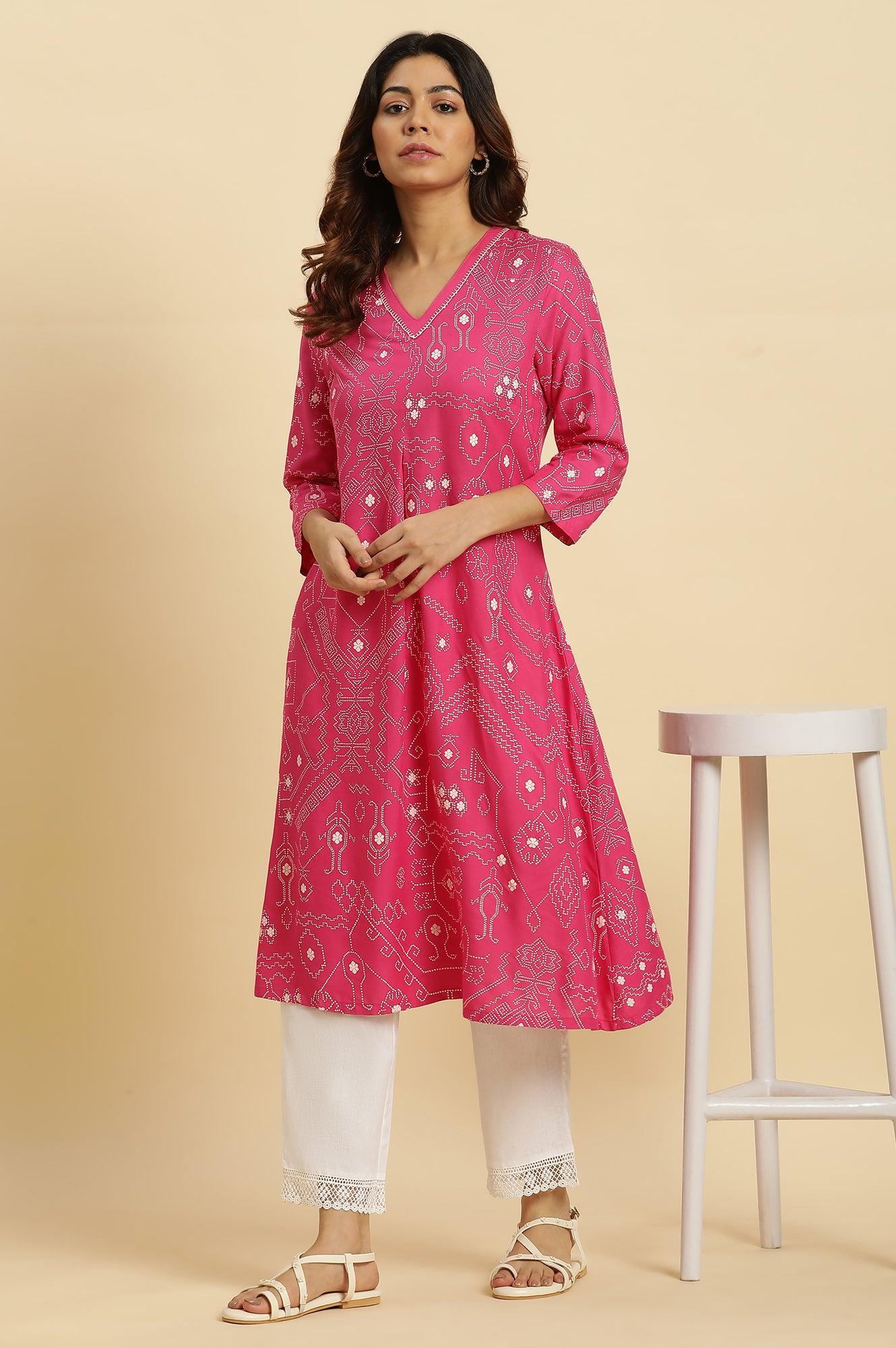 W for Woman Pink Geometric Printed A-Line Kurta
