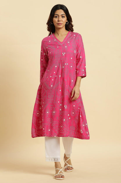 W for Woman Pink Geometric Printed A-Line Kurta