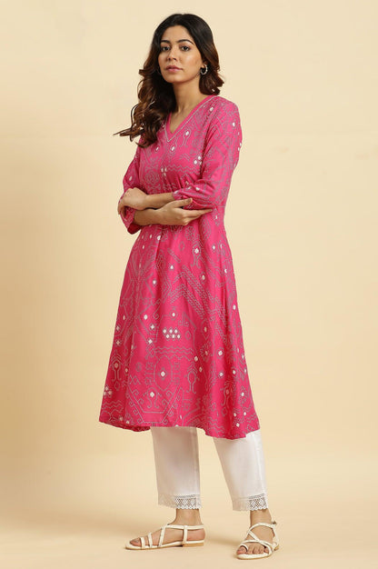 W for Woman Pink Geometric Printed A-Line Kurta