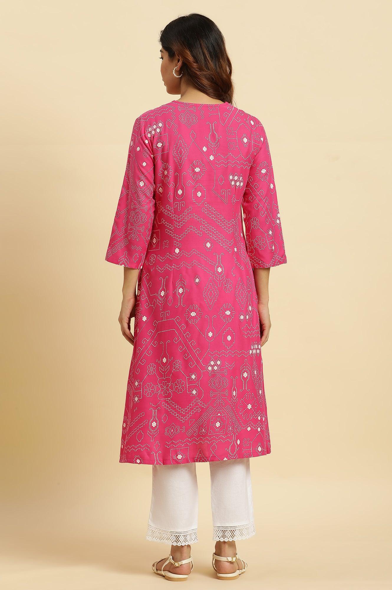W for Woman Pink Geometric Printed A-Line Kurta
