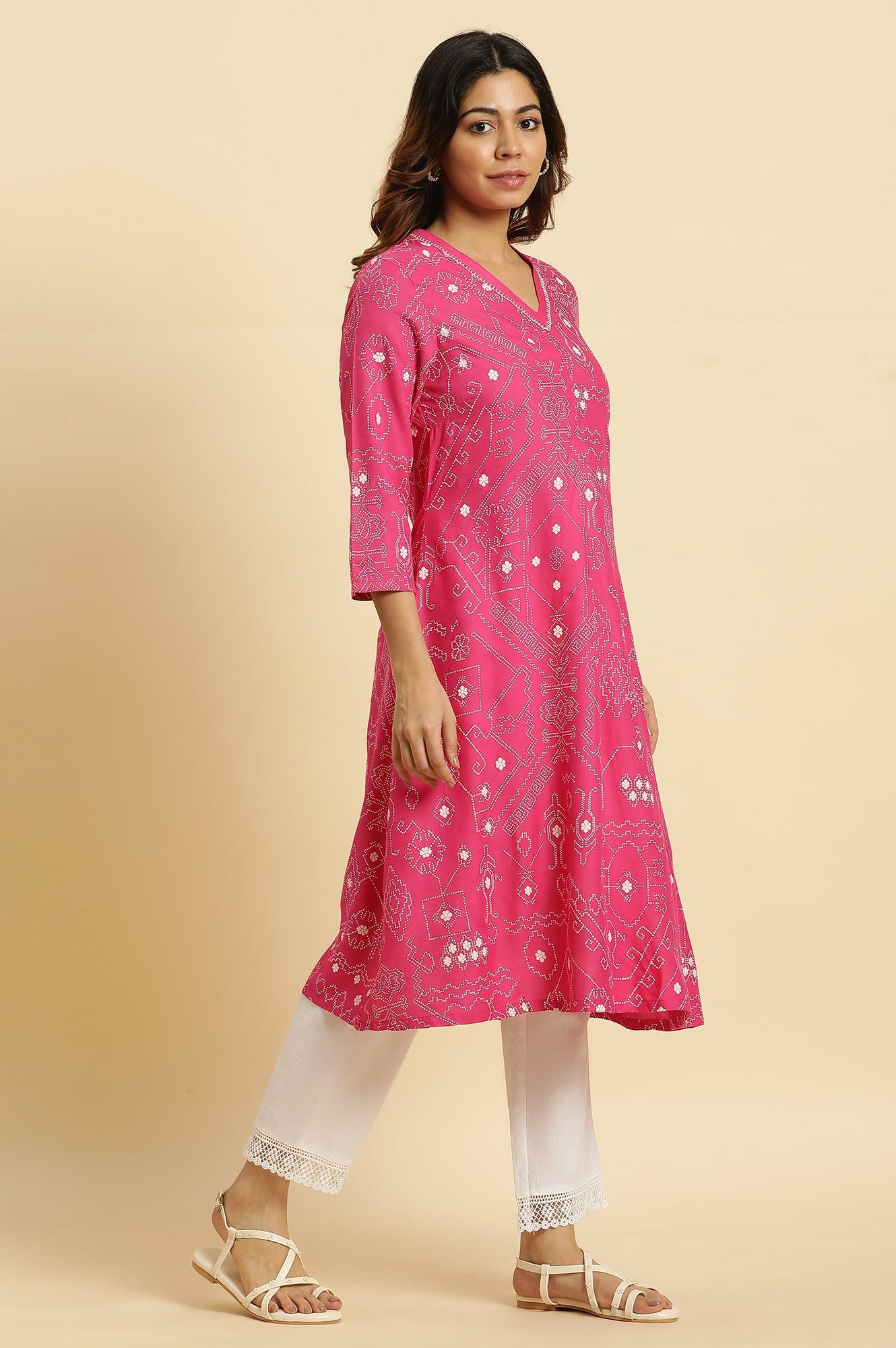 W for Woman Pink Geometric Printed A-Line Kurta