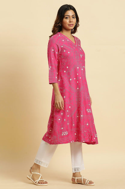 W for Woman Pink Geometric Printed A-Line Kurta