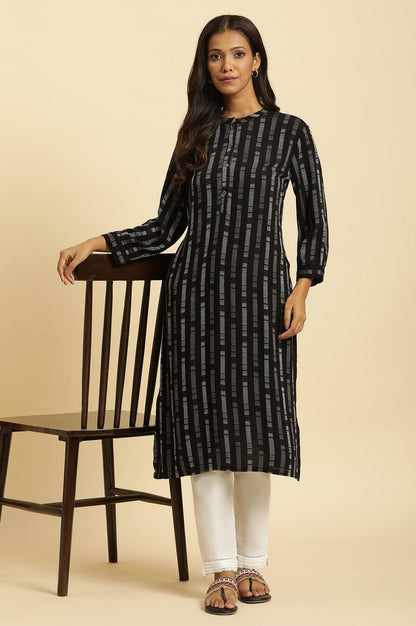 W for Woman Black Printed Mandarin Collar Straight Rayon Kurta