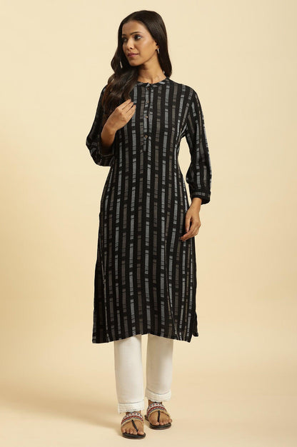 W for Woman Black Printed Mandarin Collar Straight Rayon Kurta