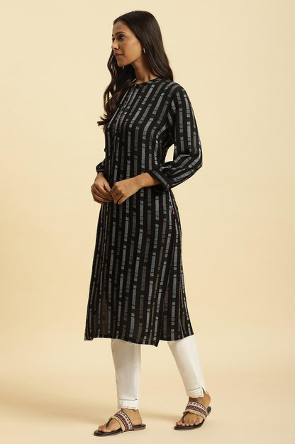 W for Woman Black Printed Mandarin Collar Straight Rayon Kurta