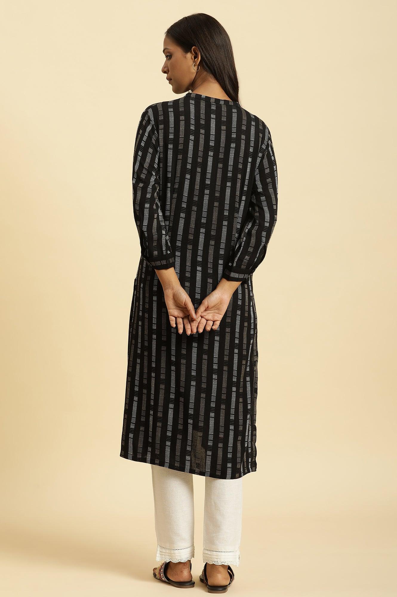 W for Woman Black Printed Mandarin Collar Straight Rayon Kurta