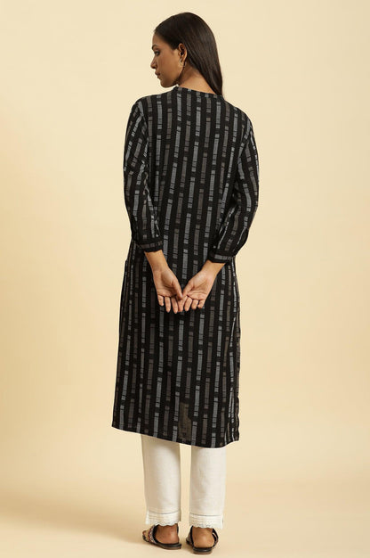 W for Woman Black Printed Mandarin Collar Straight Rayon Kurta