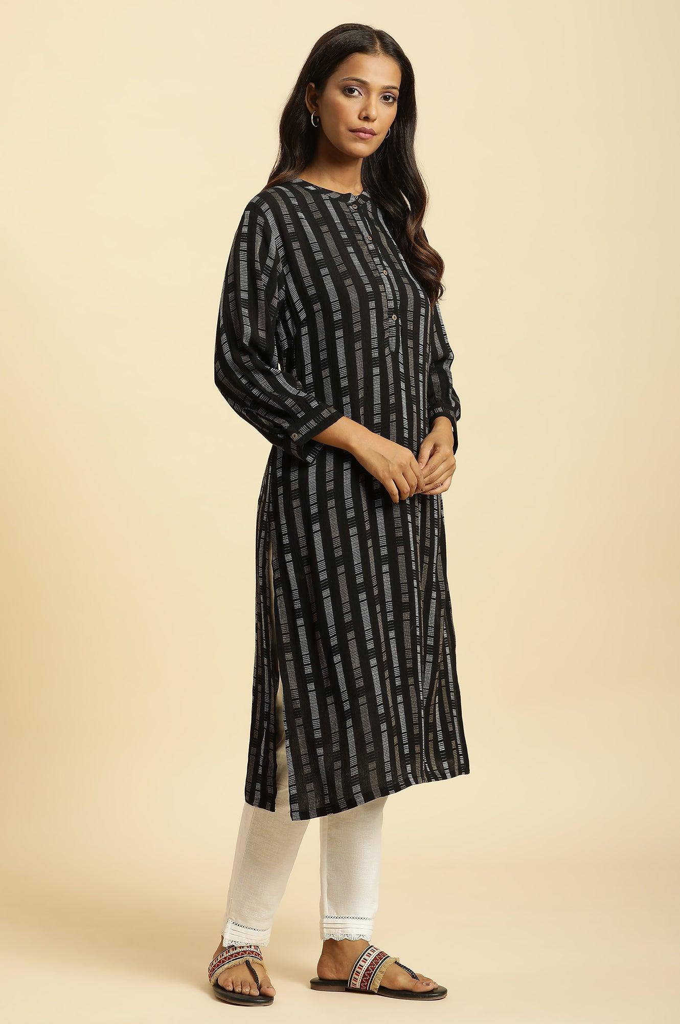 W for Woman Black Printed Mandarin Collar Straight Rayon Kurta