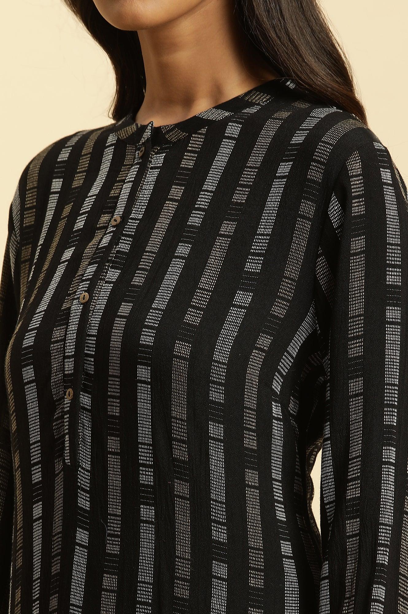 W for Woman Black Printed Mandarin Collar Straight Rayon Kurta