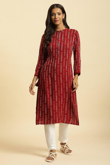 W for Woman Red Printed Mandarin Collar Casual Kurta