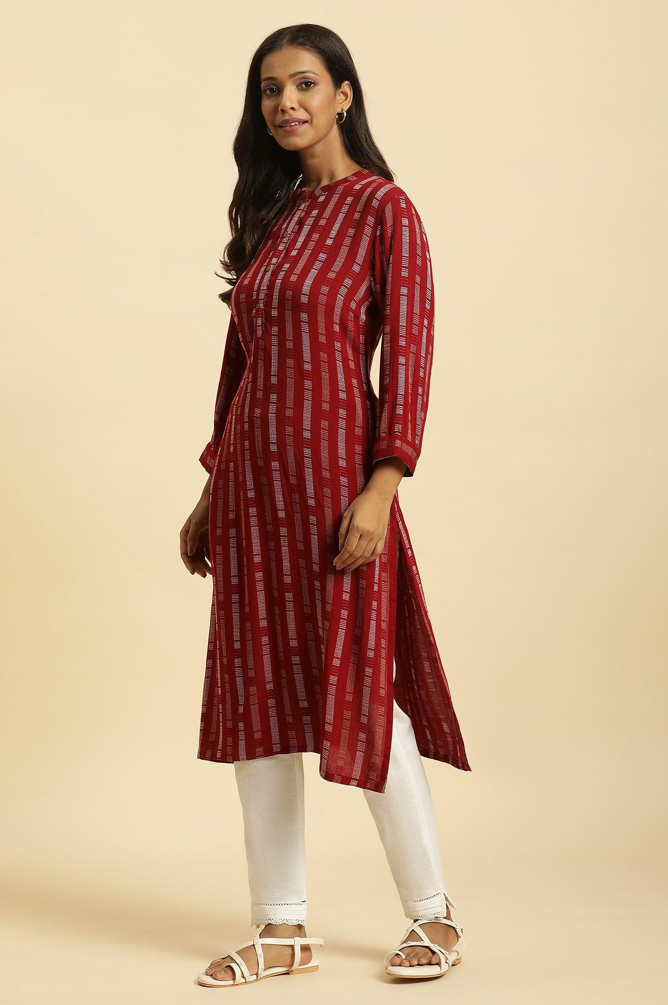 W for Woman Red Printed Mandarin Collar Casual Kurta