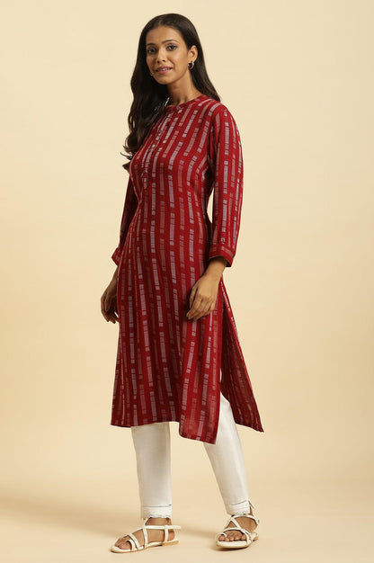 W for Woman Red Printed Mandarin Collar Casual Kurta