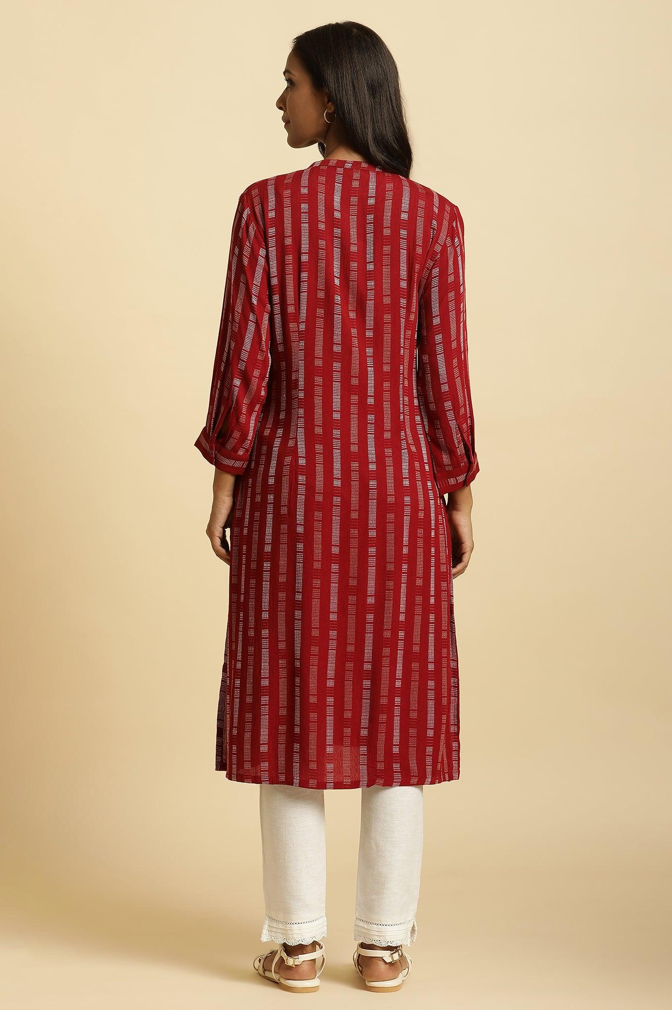 W for Woman Red Printed Mandarin Collar Casual Kurta